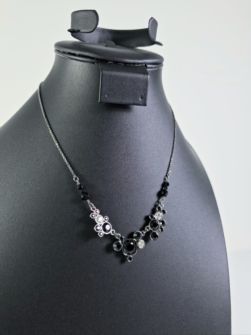 Swarovski Necklace Clear Black Crystal Gunmetal Chain Signed Abstract Adjustable